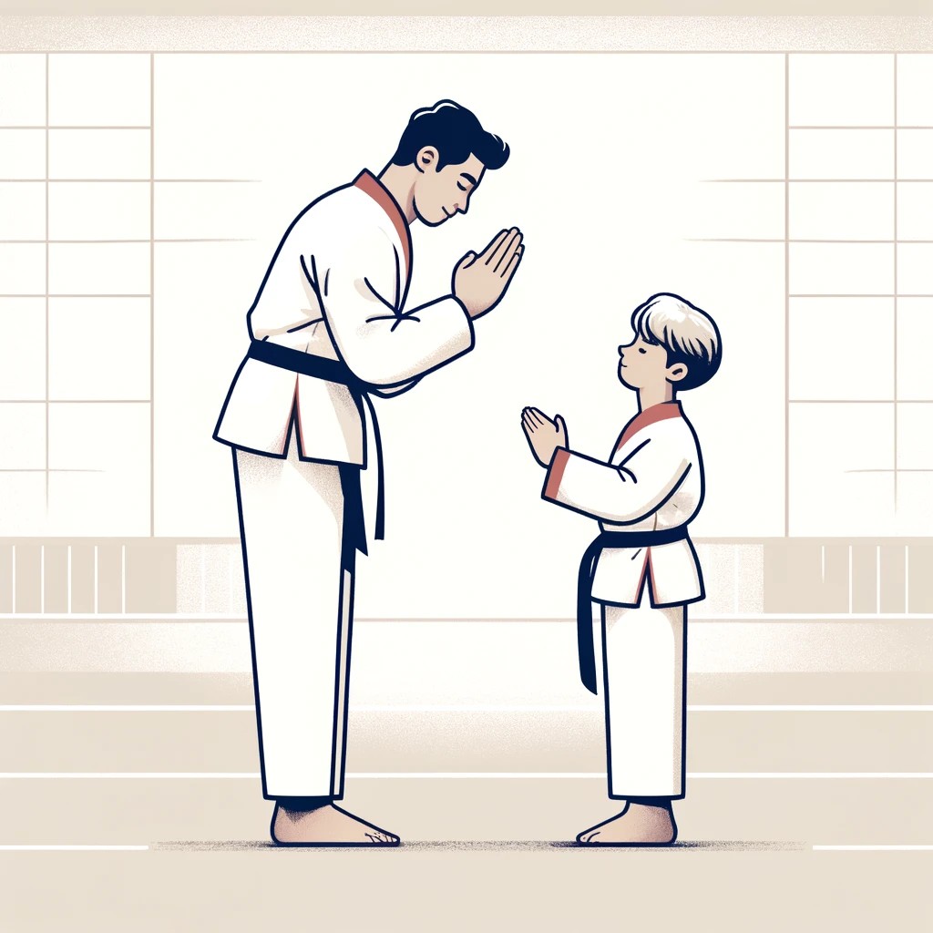 Taekwondo master bowing to his student.